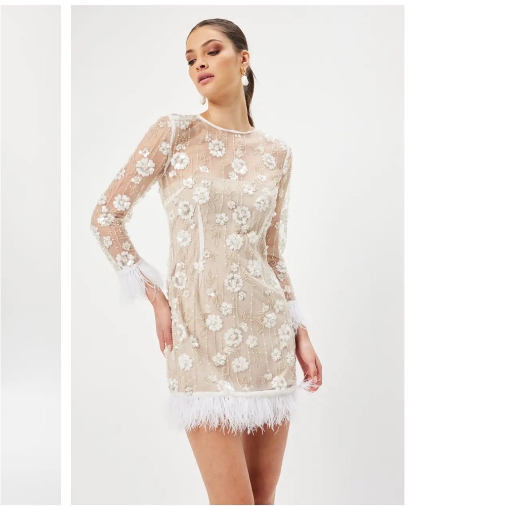 elliatt grandis tan white 3d floral applique sequin beaded mesh mini dress small